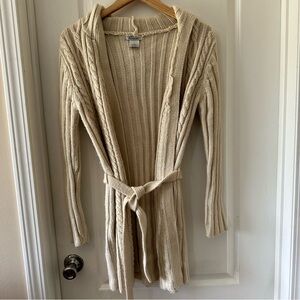 Vintage Airport cable knit tie open front long sweater cream